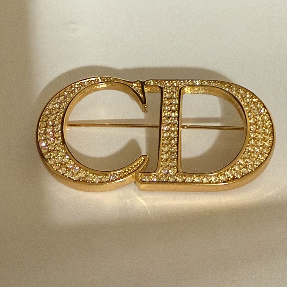 Christian Dior Gold Crystal CD Logo Brooch Pin - Women Jewelry